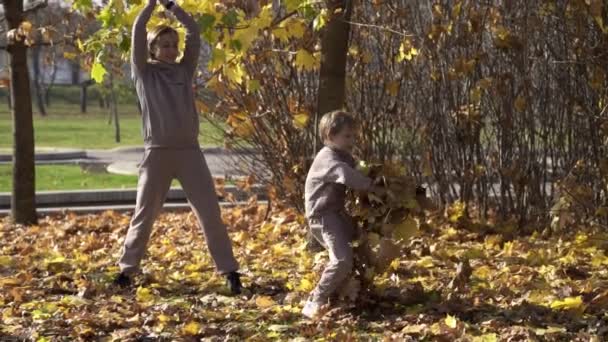 Güzel anne ve küçük oğlu sonbahar ormanında eğleniyor. Zıplarlar ve havaya yapraklar atarlar. Onlar mı? Gülüyorlar. Aile çok mutlu. Yavaş çekim — Stok video