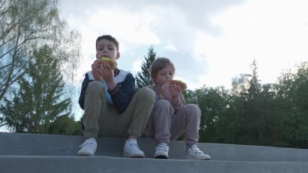 Twee kleine jongens die buiten hotdogs eten. Broers en zussen genieten van hun maaltijd. Hotdog als ongezond voedsel voor kinderen. — Stockvideo