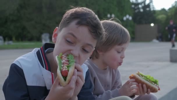 Dışarıda sosisli yiyen iki küçük çocuk. Kardeşler yemeğin tadını çıkarıyorlar. Çocuklar için sağlıksız yiyecek olarak hotdog.. — Stok video