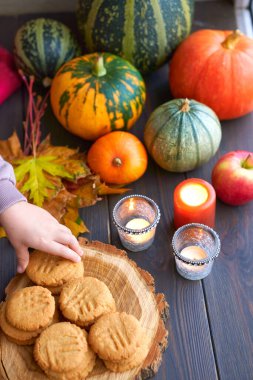 4 yaşında beyaz bir çocuk balkonda fıstık kurabiyesiyle sıcak çay içiyor.. 