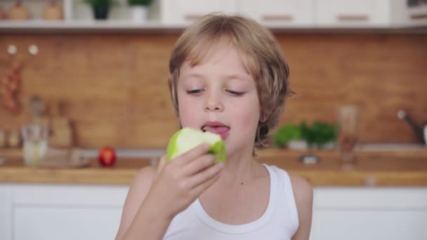 Grappig Kind eet appel.Kleine Knappe Jongen met groene appel. Gezondheidsvoedsel. Vruchten. Eet smakelijk.. — Stockvideo