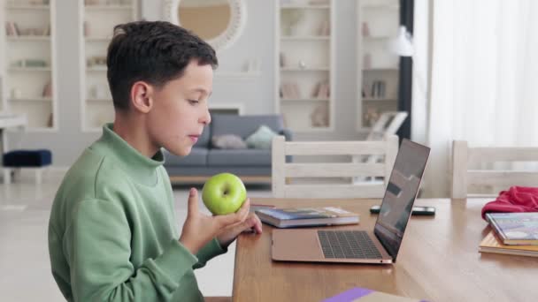 Scoolboy comer manzana fresca cerca de la computadora portátil en la sala de luz. — Vídeos de Stock