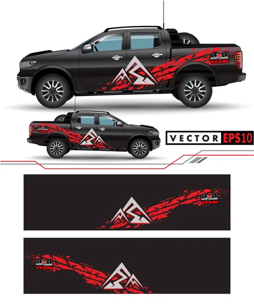4輪駆動トラックと車のグラフィックベクトル 車両のビニールラップのための灰色の背景デザインの抽象的なライン — ストックベクタ