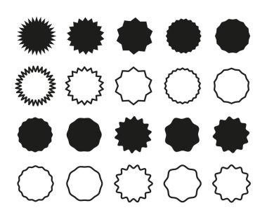 Çember çıkartmaları. Dalgalı kenar tanıtım rozetleri ayarlandı. Yıldız patlaması etiketleri fiyatına. Satış etiketleri boş. Siyah siluet. Düz vintage etiketler. İnce çizgili basit sınırları çember yapın. Eğri kenar yuvarlak çerçeveler.