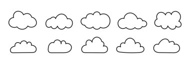 Yumuşak karalama bulutları. Taslak bulutlar. Kabarık, kümülüs, basit bulutlar. Siyah ince hatlı bulutlu formlar. Hava elementi yazdırılabilir şablonlar. Düz nesneler bulutlu. El çizimi şirin simgeler.