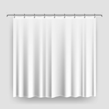 Boş duş perdesi şablonu veya mock-up, gerçekçi beyaz perde çelik kanca ve çubuk, su geçirmez banyo perdesi, düzenlenebilir duş iç aksesuar vektör çizim ile 