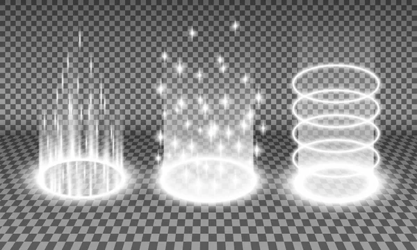 Teleport ışık efektleri illüstrasyon, izole bir saydam arka plan, ışınlanma yordamı parlama efekti, fütüristik Holografik dizayn öğe kümesi çeşitli bilim-kurgu veya sihirli portalları vektör