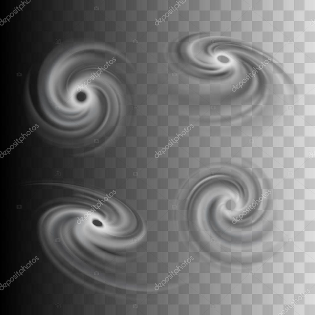 Tropical storm vector icons set, hurricane abstract representation for weather forecast maps, tornado, typhoon, cyclone, vortex or funnel realistic illustrations isolated on a transparency grid