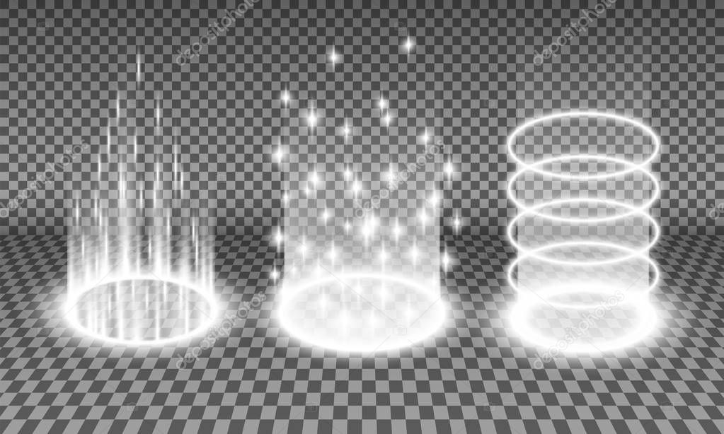 Teleport light effects vector illustration, various sci-fi or magical portals isolated on a transparency background, teleportation procedure glow effect, futuristic holographic design element set