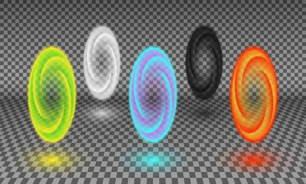 在透明背景上隔离的各种颜色门户 魔法隧道或虚构的虫洞 时空门户效应 隐形能量螺旋设计元素 — 图库矢量图片