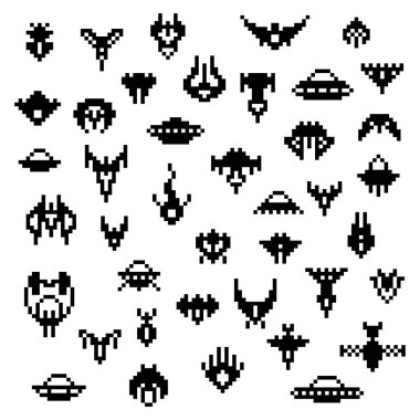 Piksel uzaylı uzay gemileri, retro tarzı 8 bit simge vektör kümesi