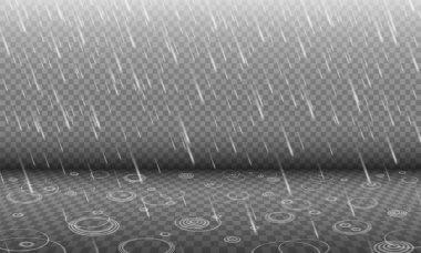 Yağmur su ile 3d efekti izole saydam arka plan, sonbahar yağış, gerçekçi şiddetli yağmur ön plan bulanık damla ve daire dalgalar, yağmur tasarım şablonu veya öğe üzerinde dalgaların