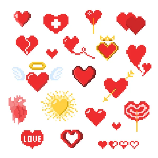 Varios iconos de píxeles corazón aislado en blanco, Día de San Valentín — Vector de stock