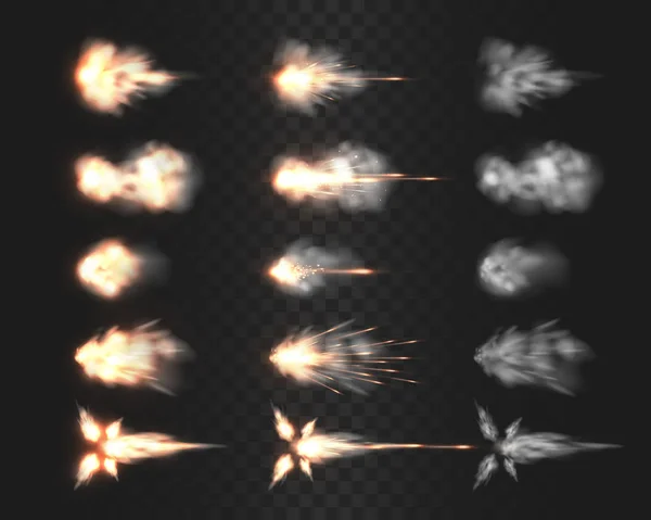 Огнестрельное Дуло Вспышки Спецэффекты Изолированные Сетке Прозрачности Различные Облака Дыма — стоковый вектор