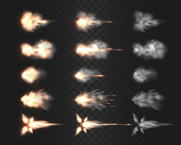 Firearm muzzle flash special effects isolated on transparency grid, various smoke cloud after gun being fired a realistic vector illustrations, rifle, shotgun, pistol or handgun shot flash collection