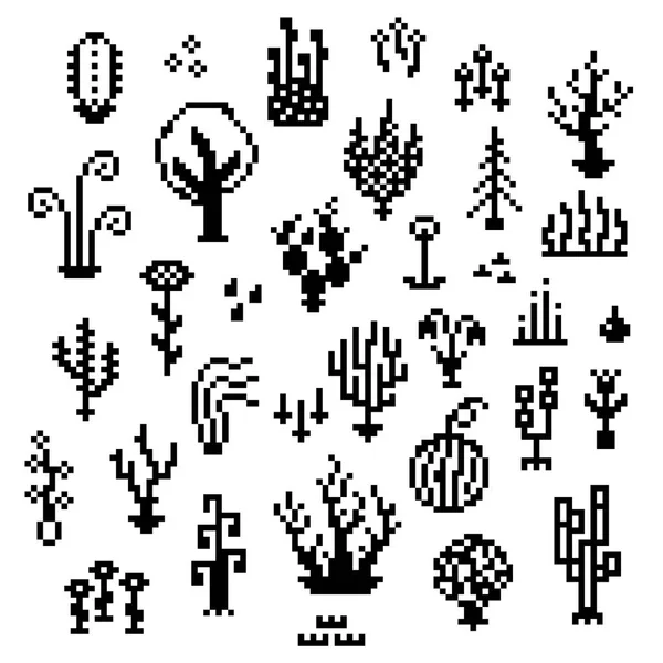 Plantes Pixel Art, icônes de végétation monochrome 8 bits — Image vectorielle