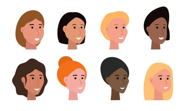 Ensemble Visages Souriants Femmes Différentes Ethnies Avec Différentes Teintes Peau — Image vectorielle