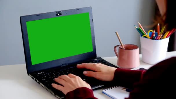 Sulla spalla di una donna che digita su un computer portatile con uno schermo verde-chiave . — Video Stock