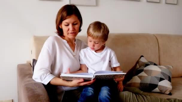 Donna che legge un libro a suo figlio, seduta su un divano in soggiorno — Video Stock