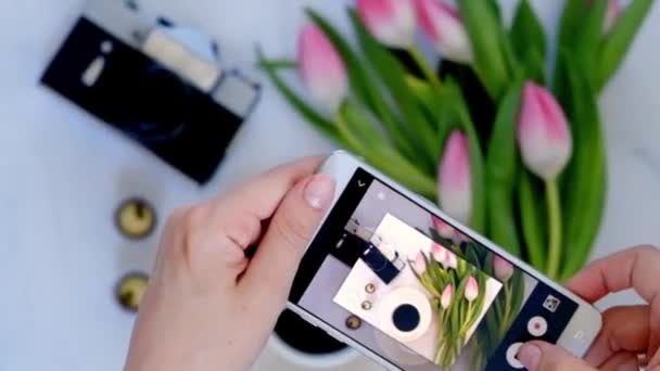 Kadın el cep telefonuyla fotoğraf flatlay alarak. Üstten görünüm — Stok video