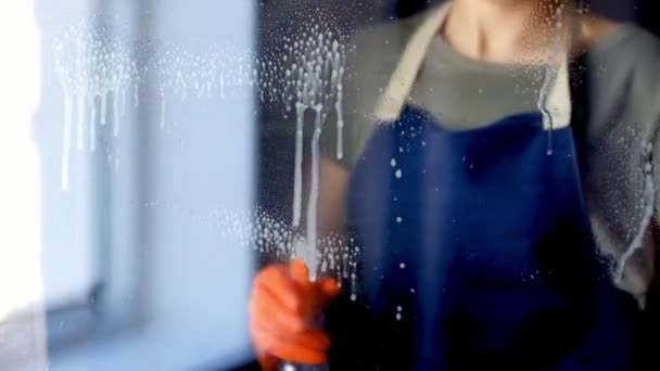 Ventana de limpieza de mujer con limpiador especial — Vídeos de Stock