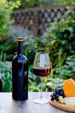 Şişe şarap bir tabloda, yaz açık havada. Piknik kavramı.