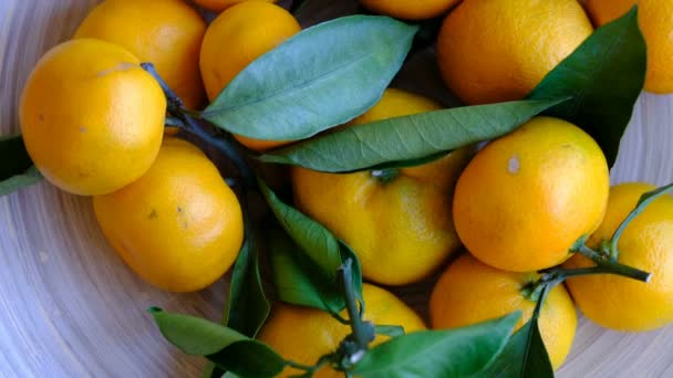 Fresh mandarin with leaves on a wooden plate — Stock Video