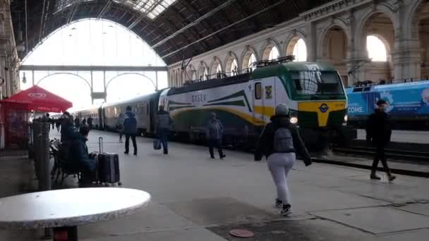 Budapest, Ungern - januari 2019: människor järnvägsstation gonna tåget — Stockvideo