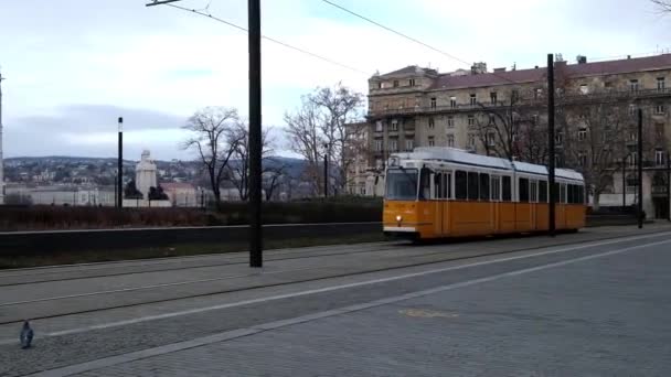 БУДАПЕСТ, Хангари - ЯНВАРЬ, 2019: Знаменитый трамвай номер два в Будапеште проходит в парламенте — стоковое видео