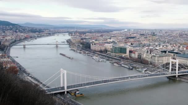 BUDAPEST, HUNGRIA-JANEIRO, 2019: Vista para o rio Danúbio e Erzsebet escondido, bela ponte — Vídeo de Stock