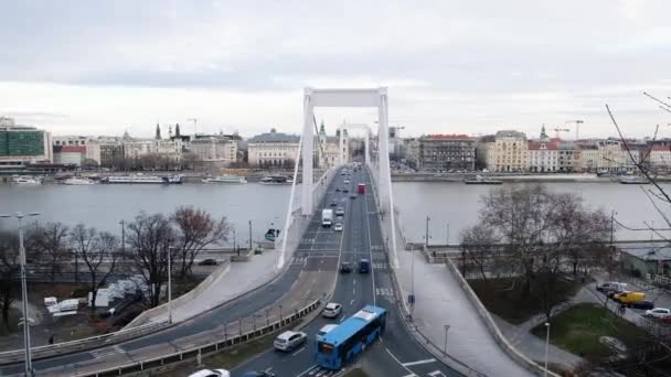 BUDAPEST, HUNGARY- JANUARY,2019: View to danube river and Erzsebet hid, beautiful bridge — Stock Video