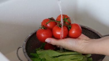 Elleri tanınmaz halde kadının domates yıkama.