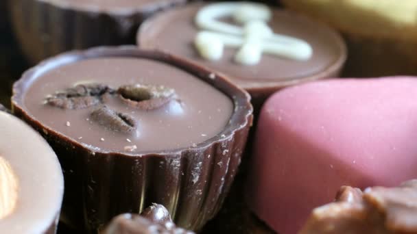 女性択一ボックスおいしいデザートの背景からチョコレートの盛り合わせ。クローズ アップ — ストック動画
