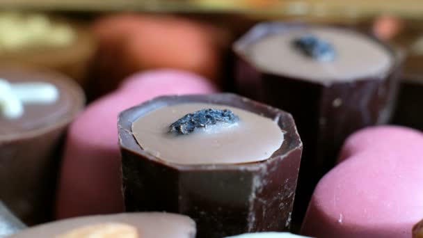 Mujer eligiendo una variedad de chocolate de caja sabroso fondo de postre. Primer plano, macro — Vídeos de Stock