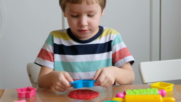 Krásné 4 roky chlapec s playdough doma — Stock video