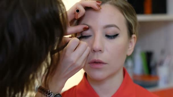 Professionell makeup artist arbetar med vacker ung kvinna — Stockvideo