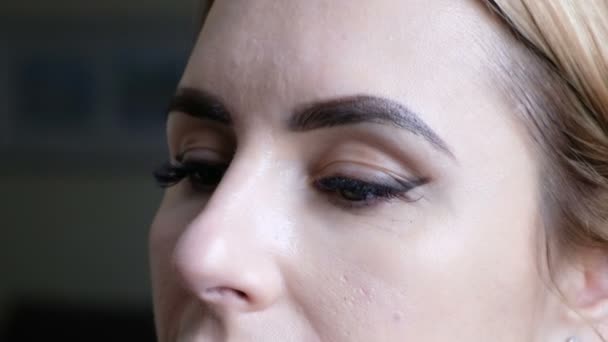 Professionell makeup artist arbetar med vacker ung kvinna — Stockvideo