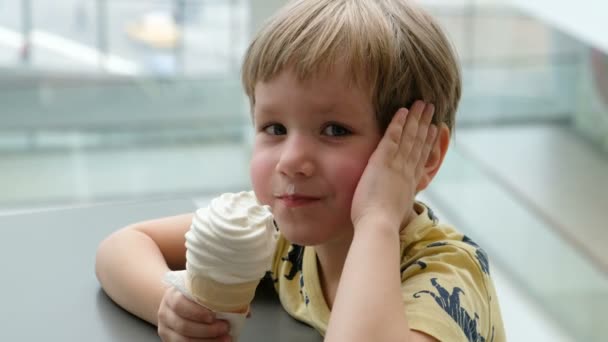 Маленький милый мальчик ест мороженое — стоковое видео
