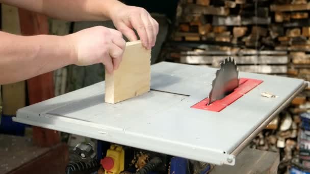 Carpenter working with electric planer on wooden plank in workshop, close up — Stock Video