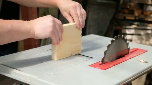 Carpenter working with electric planer on wooden plank in workshop, close up — Stock Video