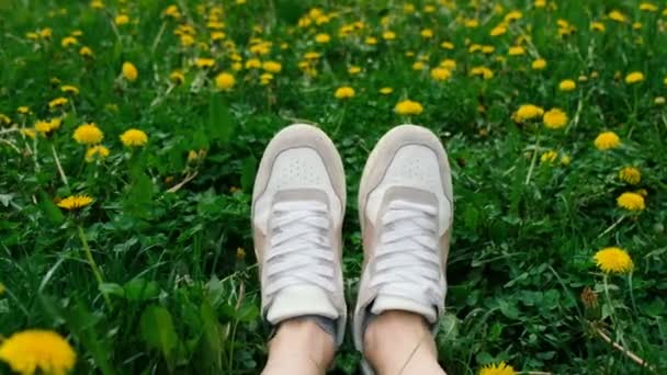 Concepto de verano: Pies femeninos en zapatillas blancas en el campo de hierba verde con dientes de león amarillos — Vídeo de stock