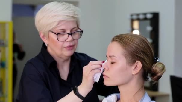 Professionelle Maskenbildnerin arbeitet mit schöner junger Frau — Stockvideo