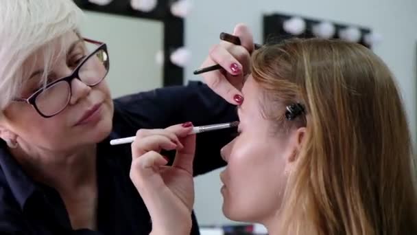 Artista de maquillaje profesional trabajando con una hermosa mujer joven — Vídeo de stock