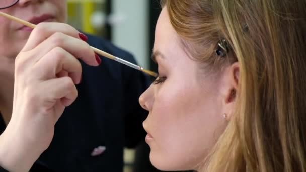 美しい若い女性と働くプロの化粧アーティスト — ストック動画