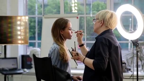 Artista de maquillaje profesional trabajando con una hermosa mujer joven — Vídeos de Stock