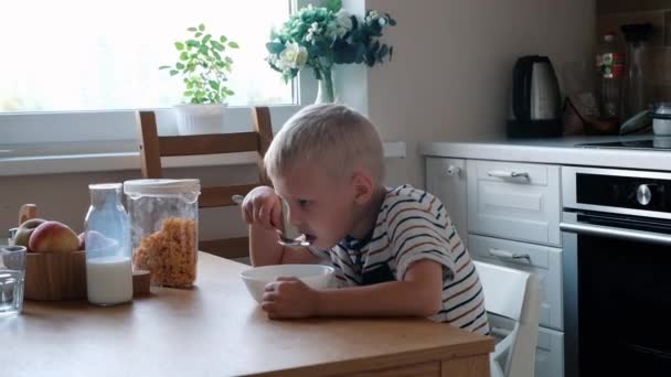 Garoto bonito 4 anos de idade tomando café da manhã flocos de milho com leite na mesa em casa . — Vídeo de Stock