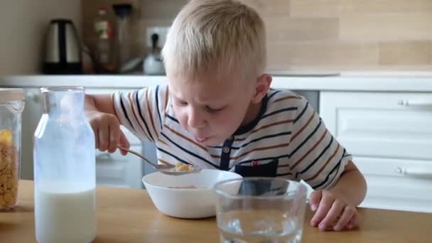 Χαριτωμένο αγόρι 4 ετών έχοντας πρωινό κορνφλέικς με γάλα στο τραπέζι στο σπίτι. — Αρχείο Βίντεο
