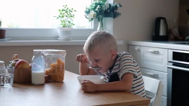 Cute Boy 4 lat po śniadaniu płatki kukurydziane z mlekiem przy stole w domu. — Wideo stockowe