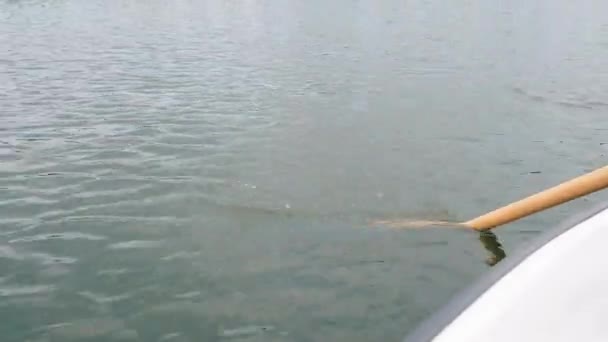 Close-up van een peddel roeien aan de vijver, kalm water — Stockvideo