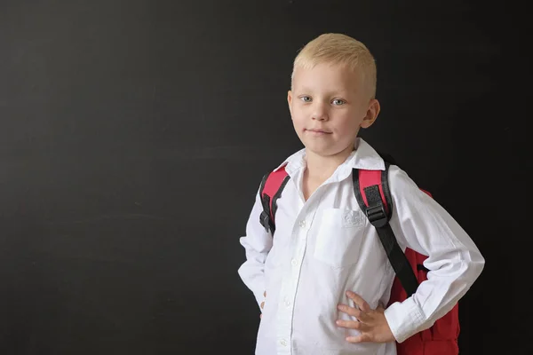 Terug naar school. Schattige kleine jongen bij Blackboard. Kind van basisschool met tas. Education concept. — Stockfoto